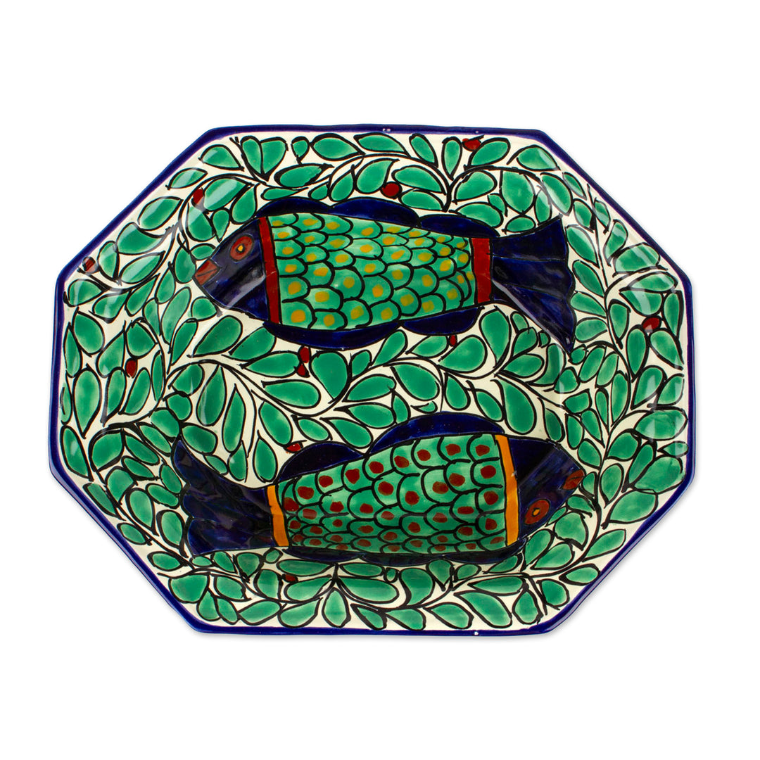 Talavera Style Hand-Painted Fish-Themed Ceramic Serving Bowl - Fish Fiesta