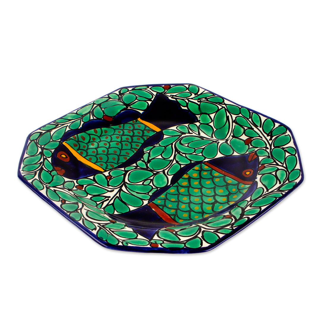 Hand-Painted Talavera Style Ceramic Platter with Fish Motif - Fish Fiesta