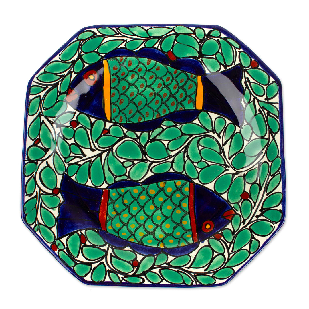 Hand-Painted Talavera Style Ceramic Platter with Fish Motif - Fish Fiesta