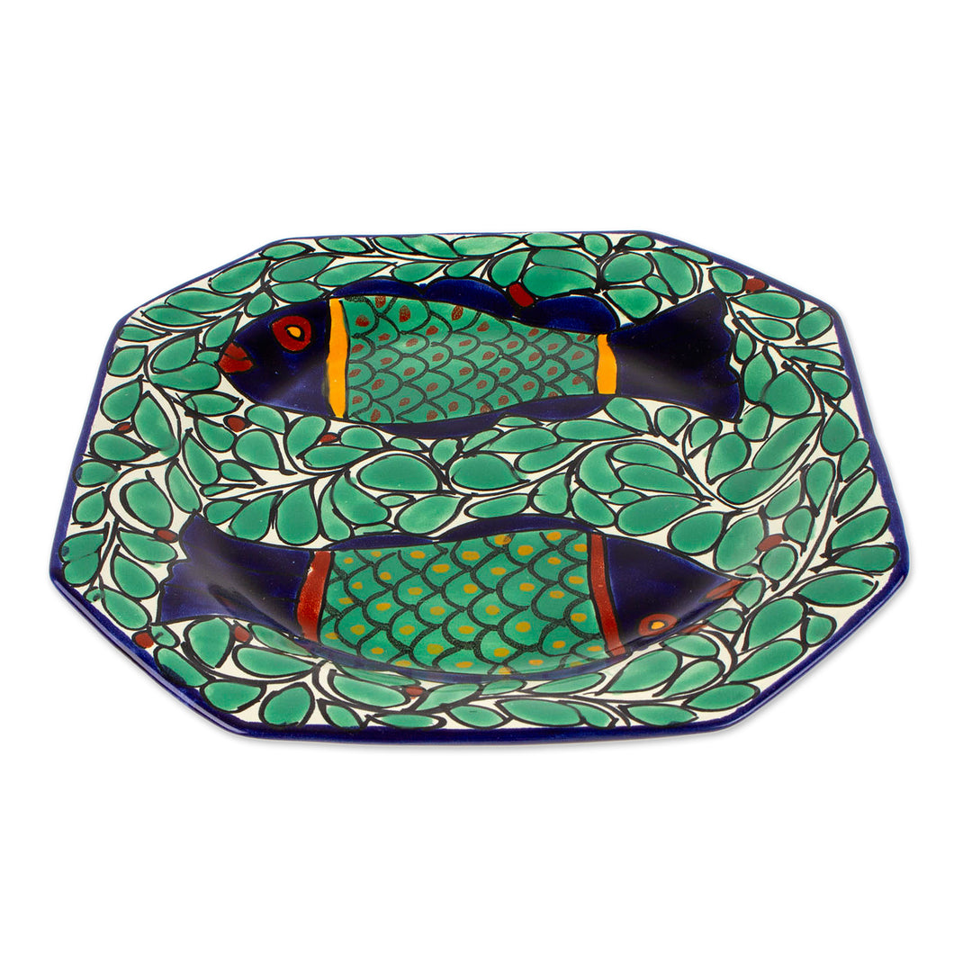 Hand-Painted Talavera Style Ceramic Platter with Fish Motif - Fish Fiesta