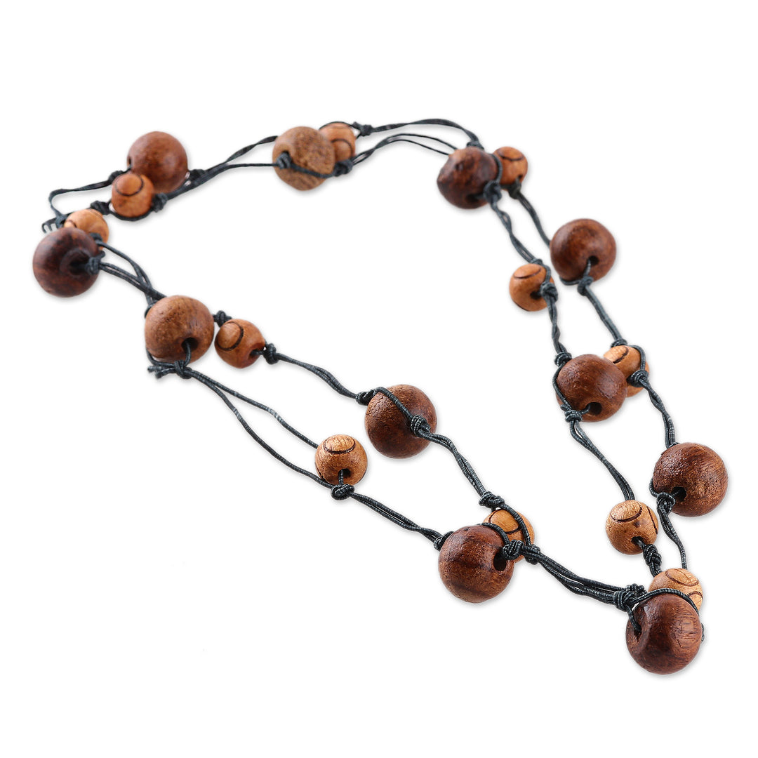 Fair Trade Brown and Grey Haldu Wood Beaded Station Necklace - Grey Planets