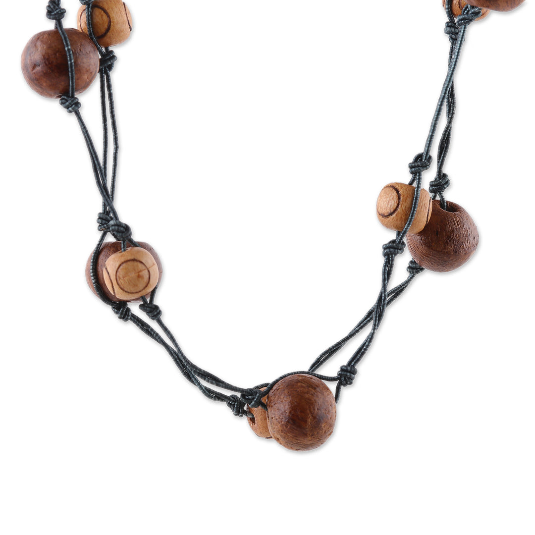 Fair Trade Brown and Grey Haldu Wood Beaded Station Necklace - Grey Planets