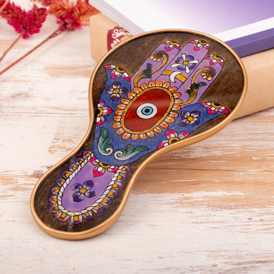 Floral Patterned Reverse-Painted Wood Hand Mirror from Peru - Princess Reflection