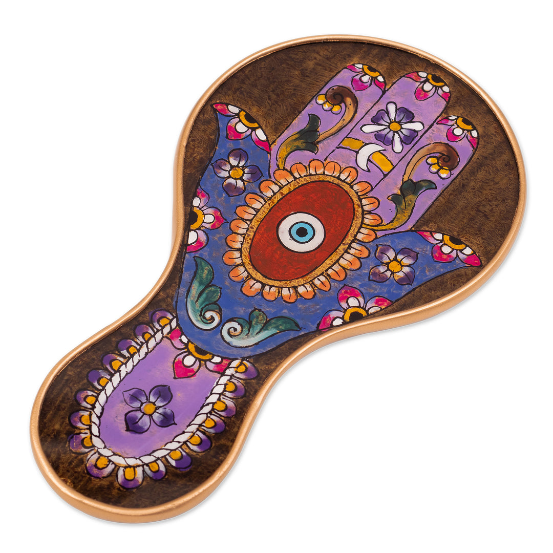 Floral Patterned Reverse-Painted Wood Hand Mirror from Peru - Princess Reflection