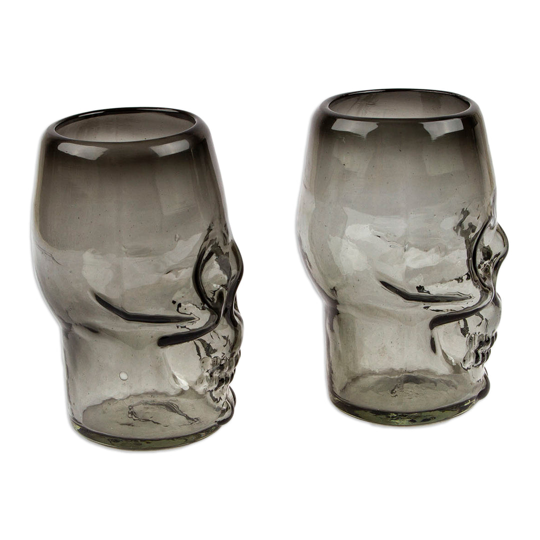 2 Black Clear Skull-Shaped Handblown Recycled Glass Tumblers - Smoke Mexican Skull