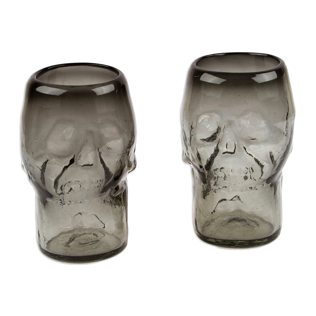 2 Black Clear Skull-Shaped Handblown Recycled Glass Tumblers - Smoke Mexican Skull
