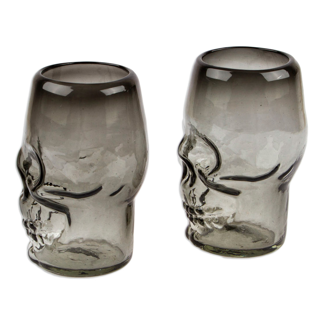 2 Black Clear Skull-Shaped Handblown Recycled Glass Tumblers - Smoke Mexican Skull