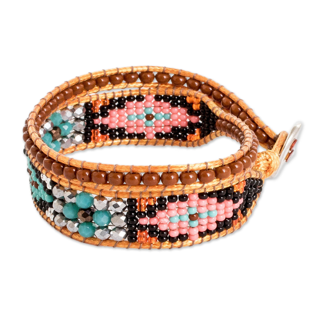 Handwoven Beaded Brown Wrap Bracelet with Geometric Motifs - Geometric Spark