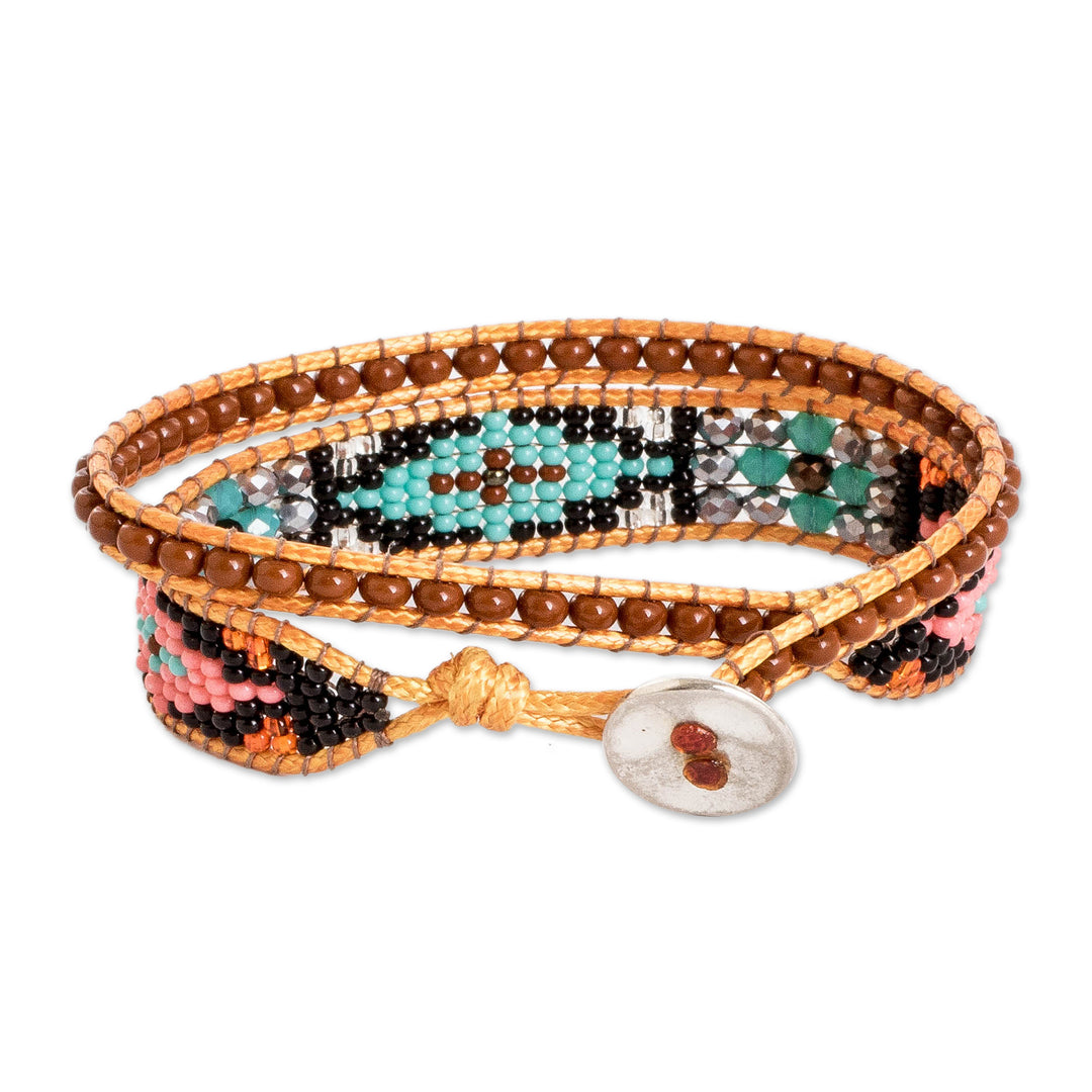 Handwoven Beaded Brown Wrap Bracelet with Geometric Motifs - Geometric Spark