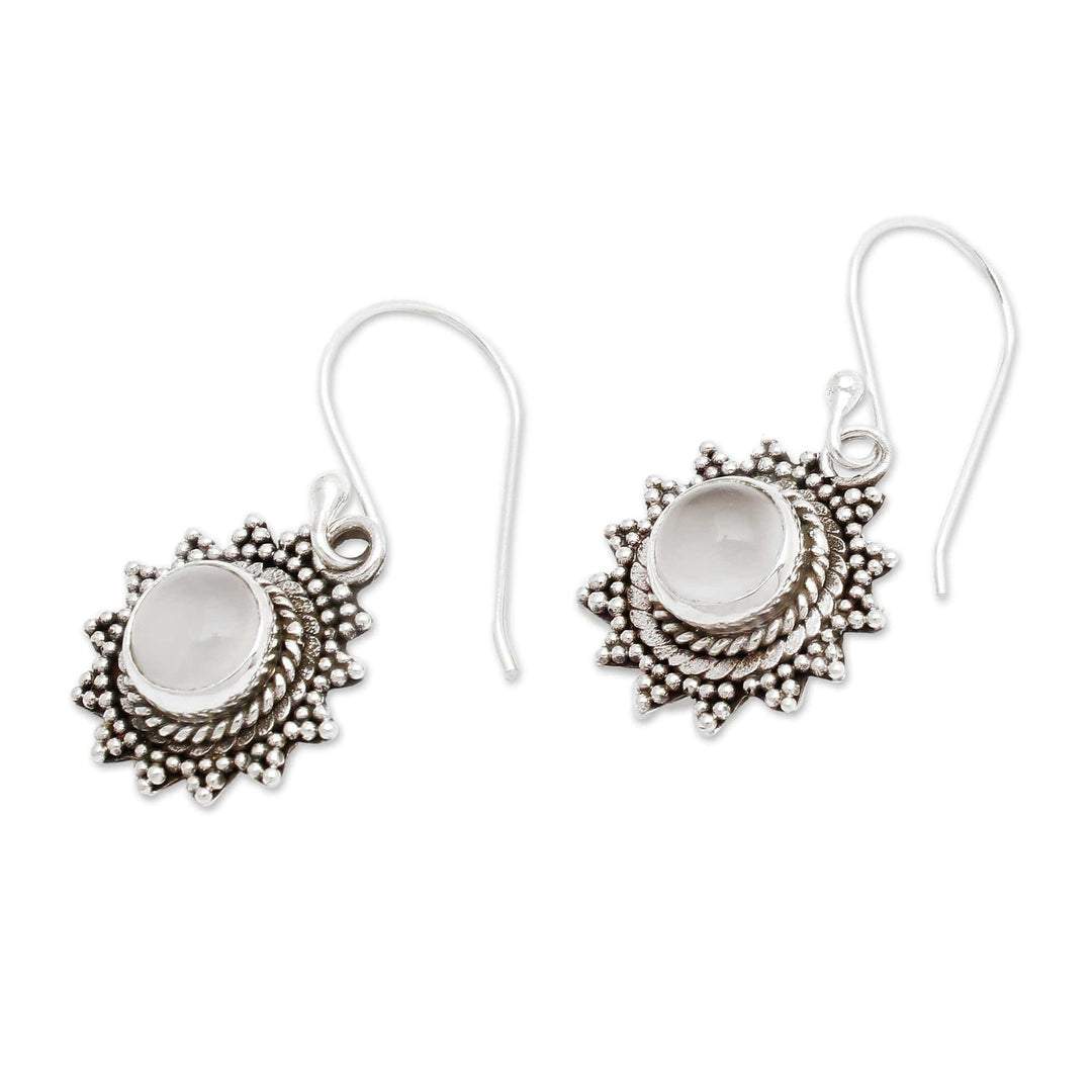 Balinese-Made Natural Rainbow Moonstone Sun Dangle Earrings - Sunday Moon