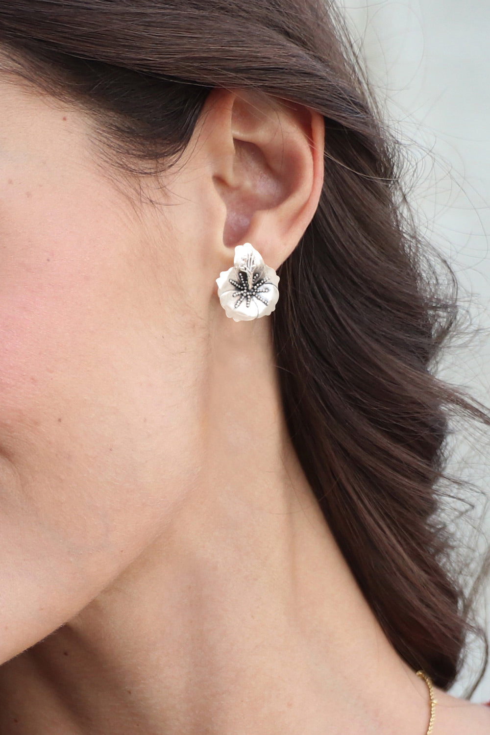 Nature-Themed Sterling Silver Hibiscus Bloom Button Earrings - Eternal Hibiscus