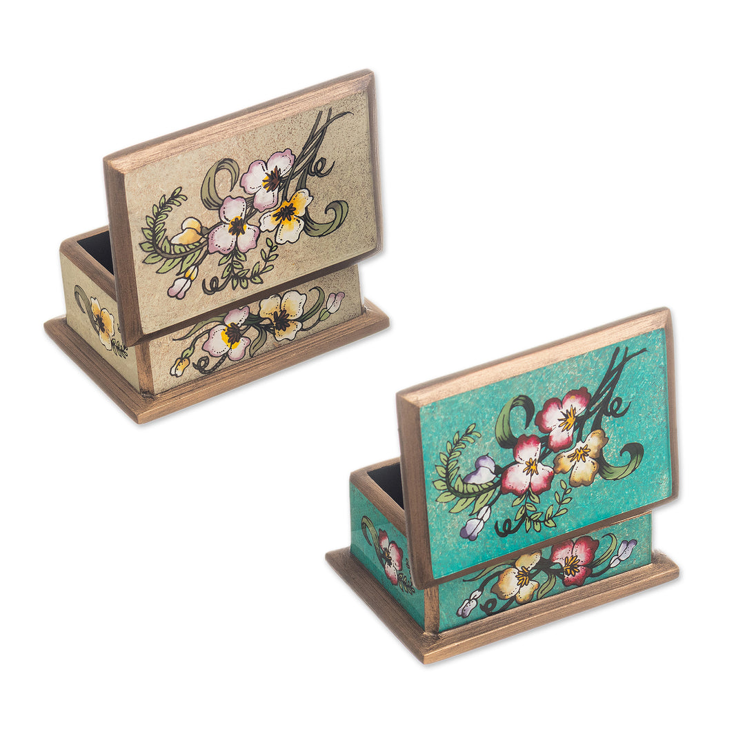 2 Floral-Themed Reverse Painted Glass Decorative Boxes - Petite Garden