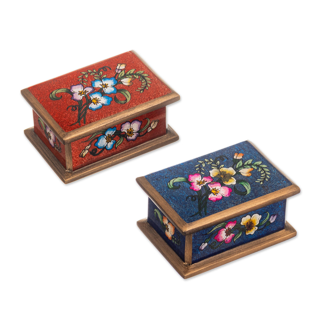 2 Red and Blue Reverse Painted Glass Floral Decorative Boxes - Precious Garden