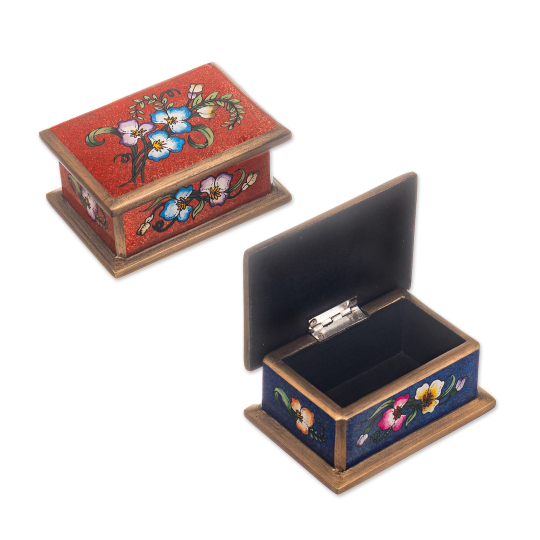 2 Red and Blue Reverse Painted Glass Floral Decorative Boxes - Precious Garden