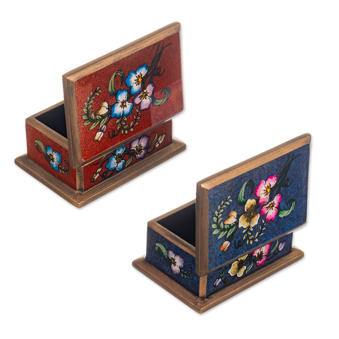 2 Red and Blue Reverse Painted Glass Floral Decorative Boxes - Precious Garden