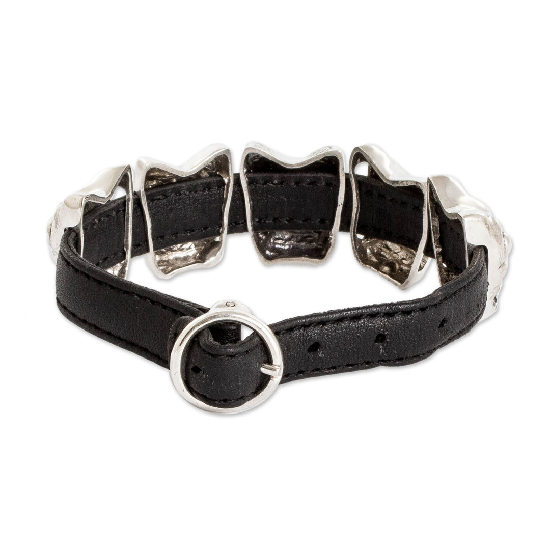 Archaeological Mayan Jaguar Silver and Leather Bracelet - Iximche Jaguar