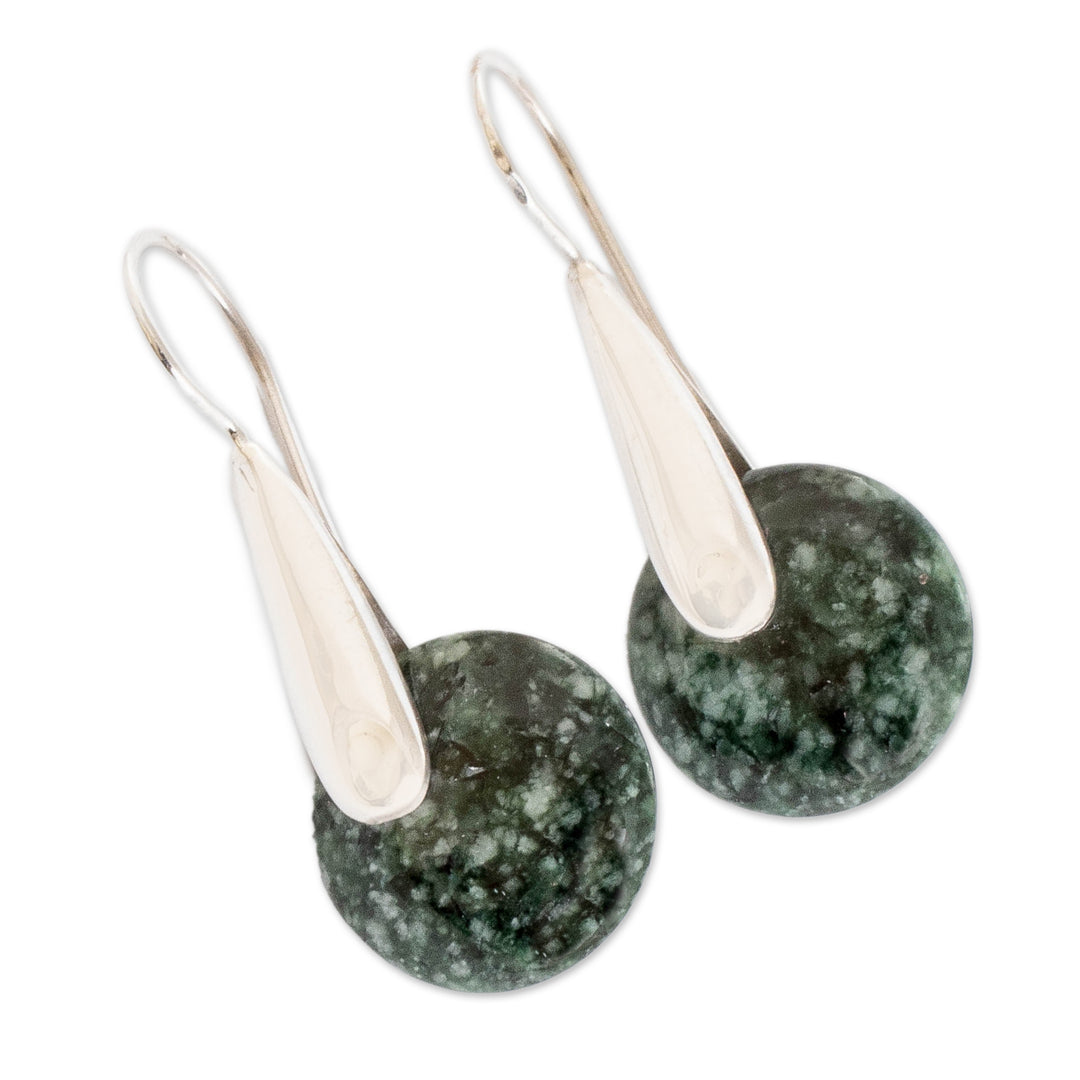 Modern Green Jade Silver Drop Earrings with Circle Motif - Green Circle of Love