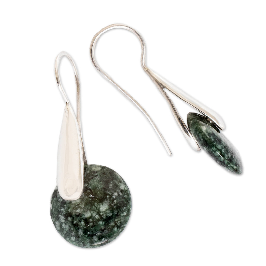 Modern Green Jade Silver Drop Earrings with Circle Motif - Green Circle of Love