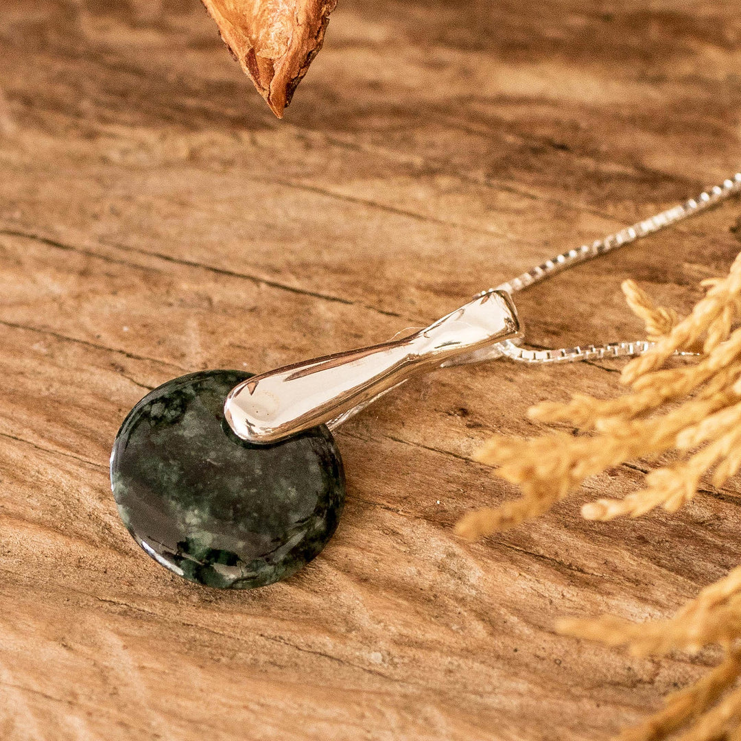 Modern Dark Green Jade Silver Necklace with Round Pendant - Green Circle of Love