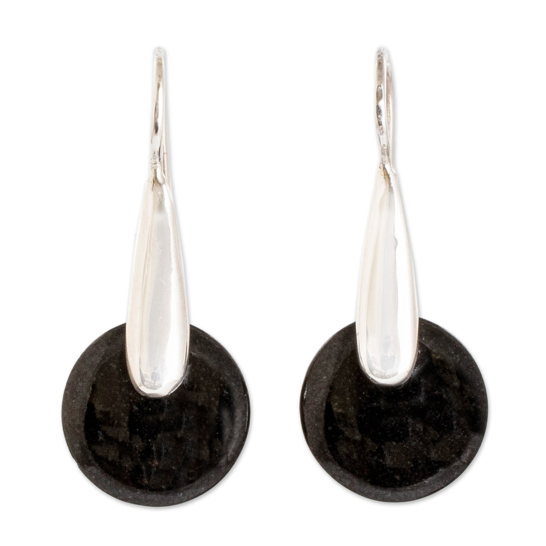 Minimalist Silver Drop Earrings with Black Jade Stones - Black Circle of Love