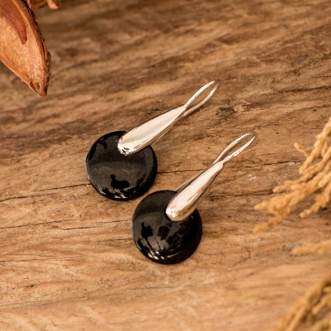 Minimalist Silver Drop Earrings with Black Jade Stones - Black Circle of Love
