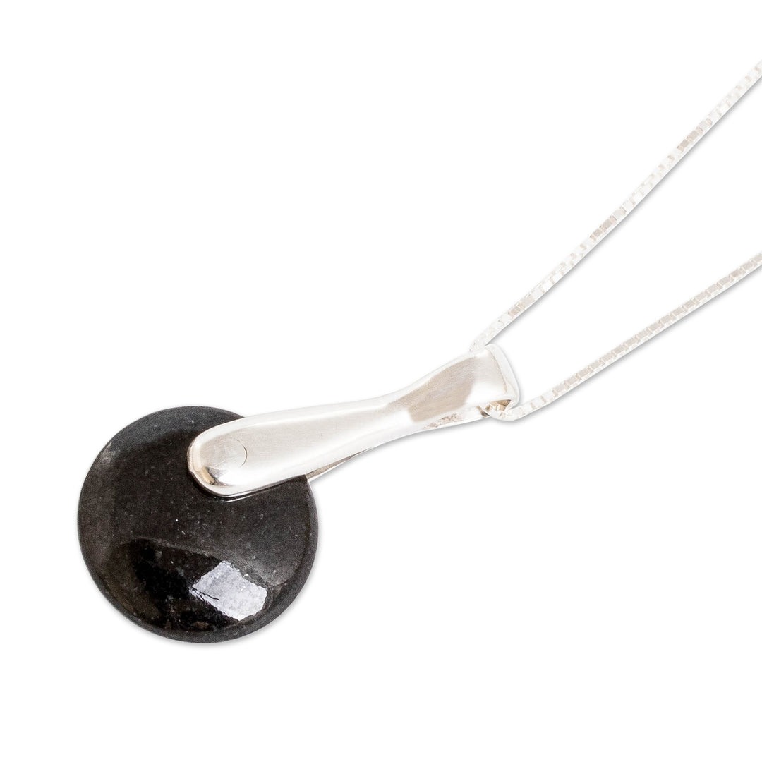 Minimalist Silver Necklace with Round Black Jade Pendant - Black Circle of Love