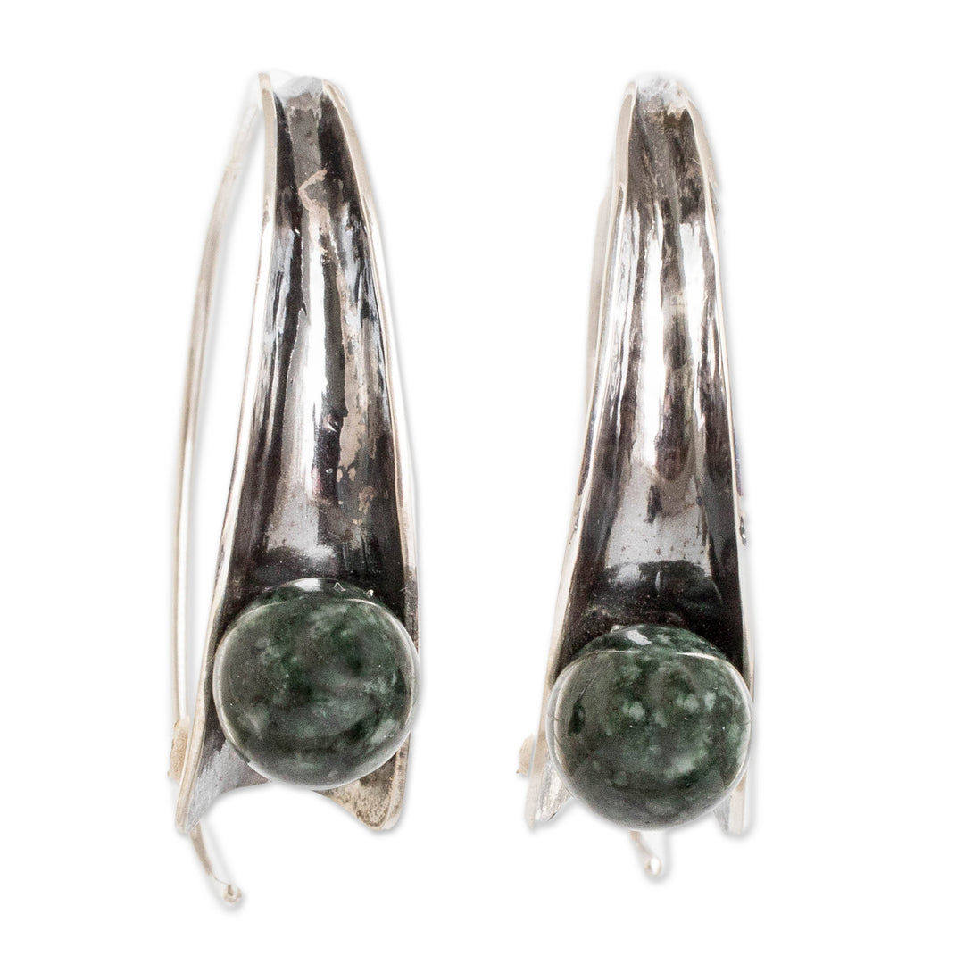 Modern Silver Drop Earrings with Dark Green Jade Stones - Green Shadow Vitality