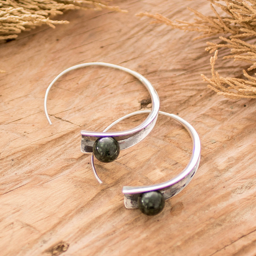 Modern Silver Drop Earrings with Dark Green Jade Stones - Green Shadow Vitality