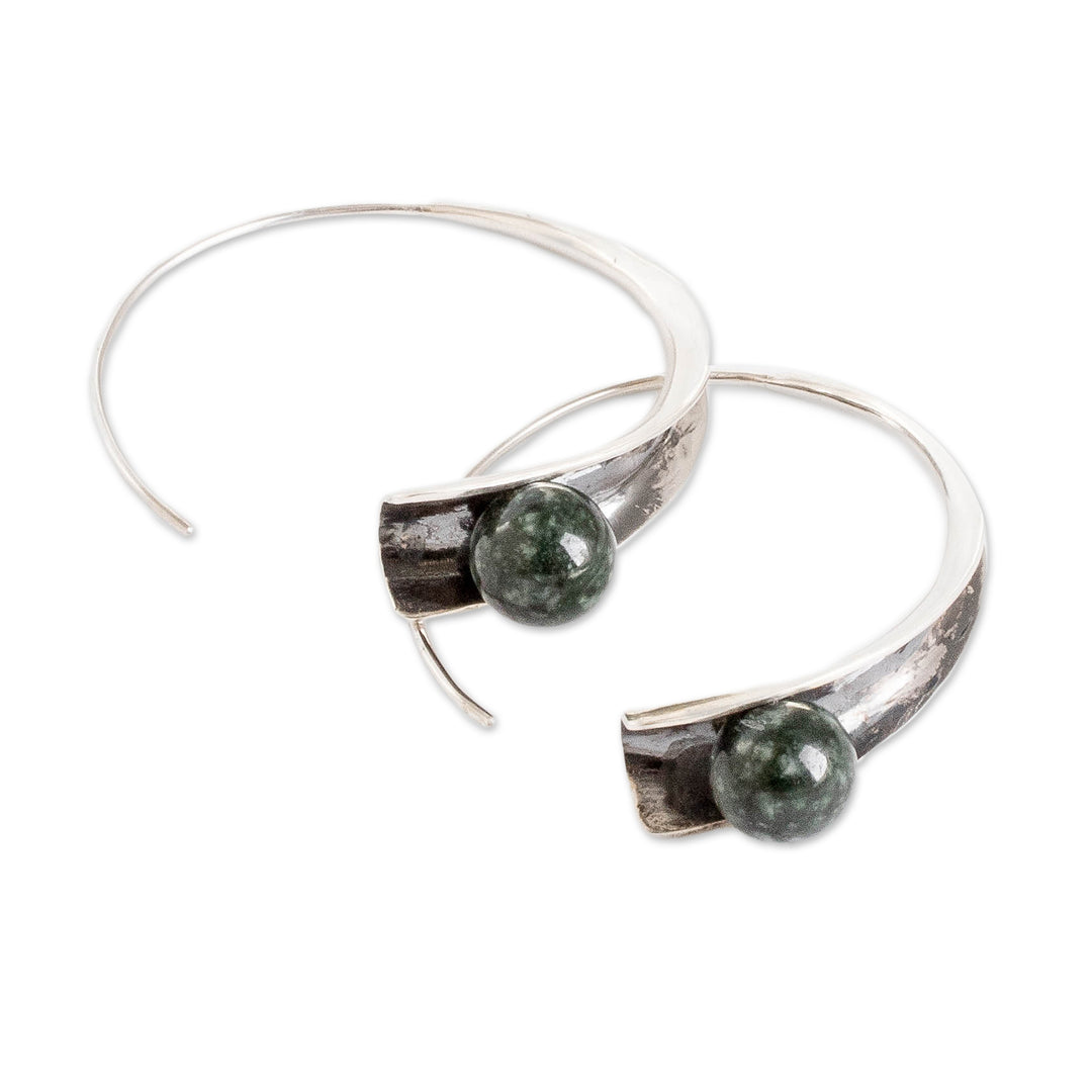Modern Silver Drop Earrings with Dark Green Jade Stones - Green Shadow Vitality