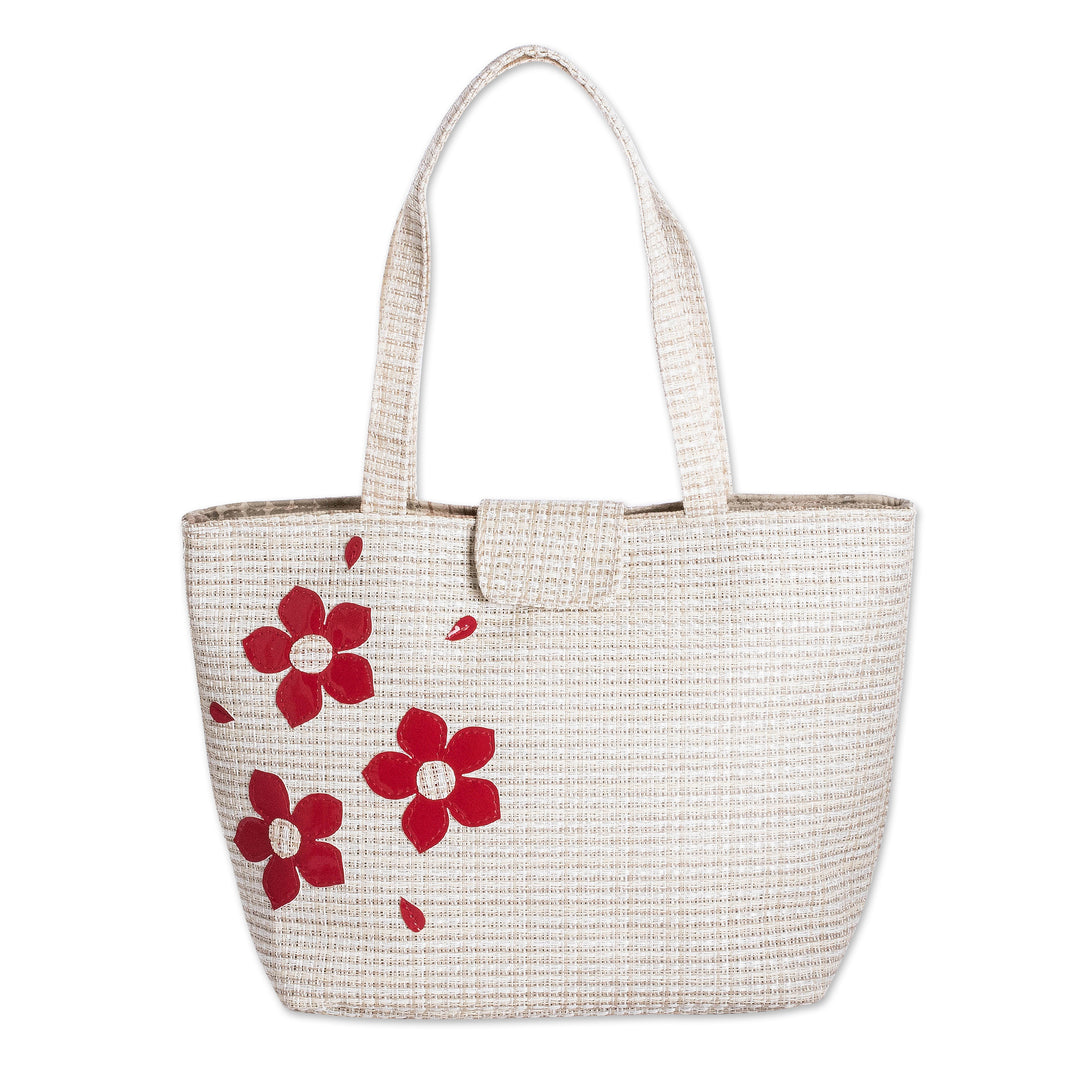 Beige and Brown Tote Bag with Red Floral Applique Accents - Floral Tenderness