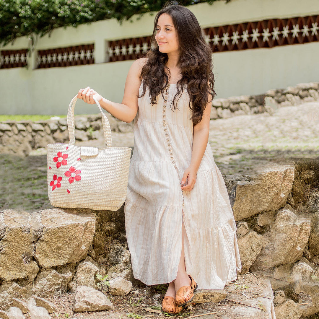 Beige and Brown Tote Bag with Red Floral Applique Accents - Floral Tenderness