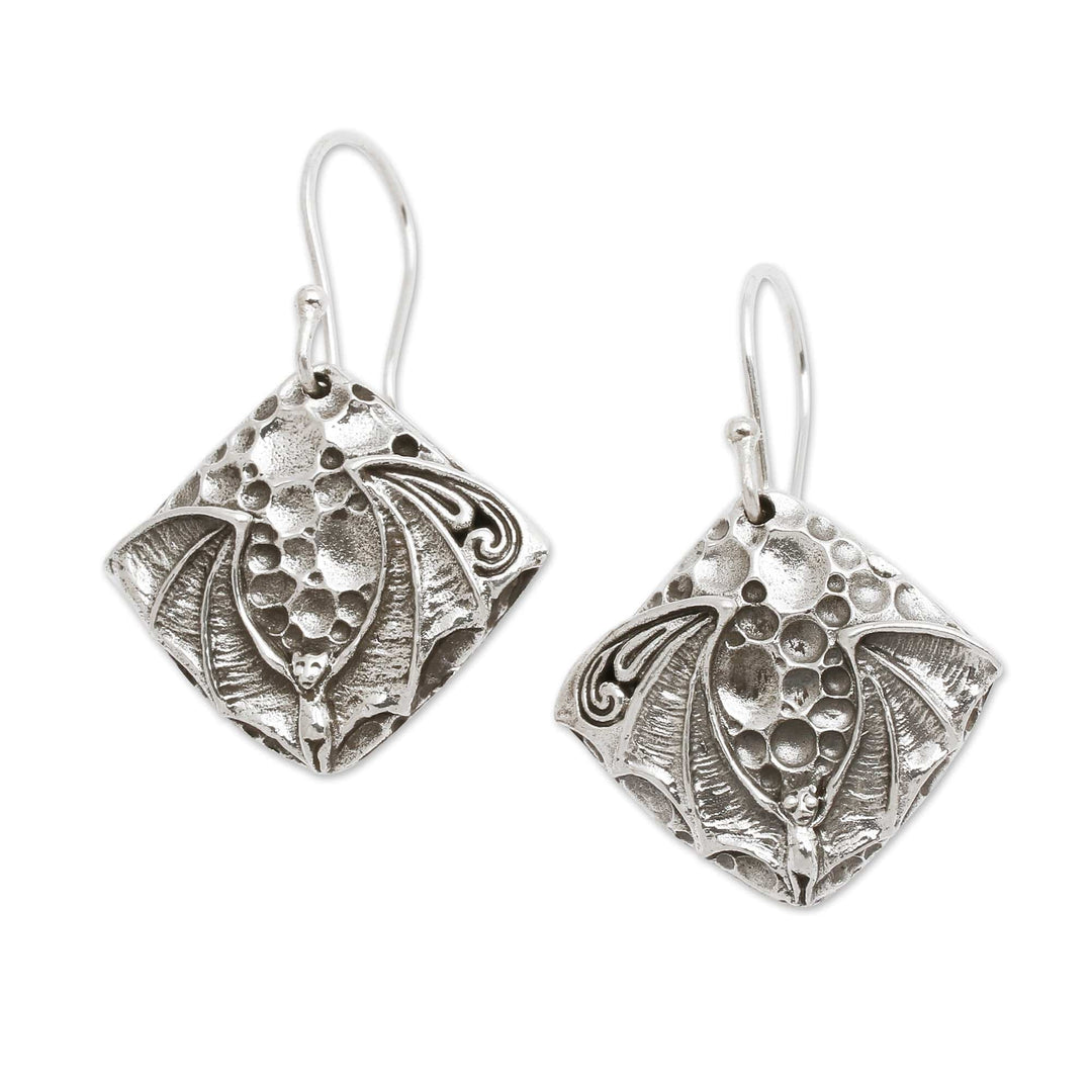 Bat-Themed Sterling Silver Dangle Earrings Crafted in Bali - Bat Memorial