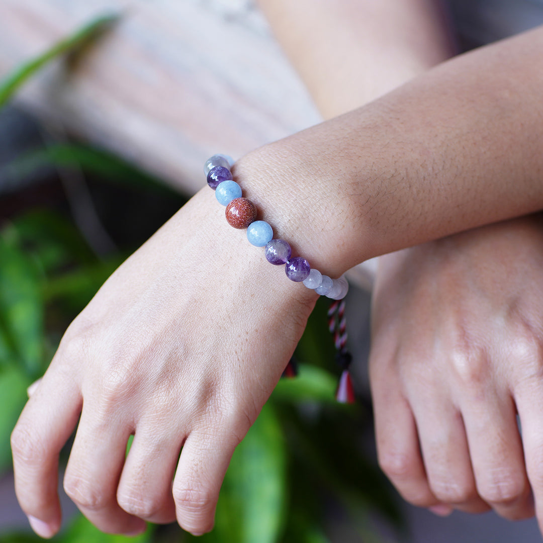 Adjustable Aquamarine and Amethyst Beaded Bracelet from Bali - Times of Wisdom