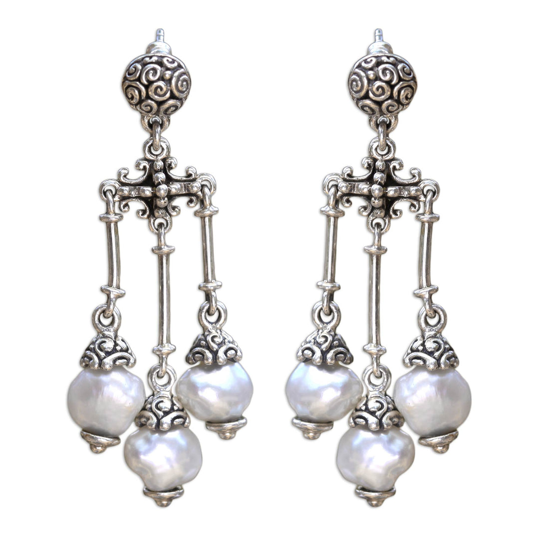 Silver and White Cultured Pearl Chandelier Earrings - Trinity in White