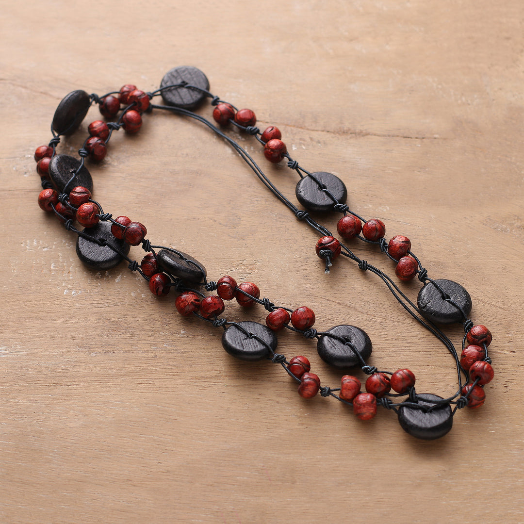Black Red Carved Painted Wood Beaded Long Strand Necklace - Vivid Harmony