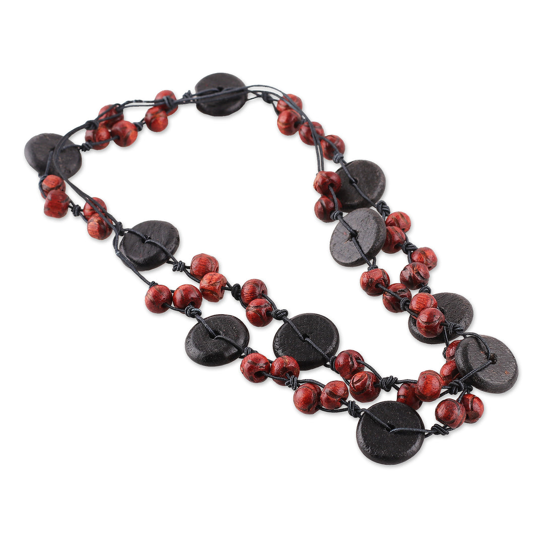 Black Red Carved Painted Wood Beaded Long Strand Necklace - Vivid Harmony