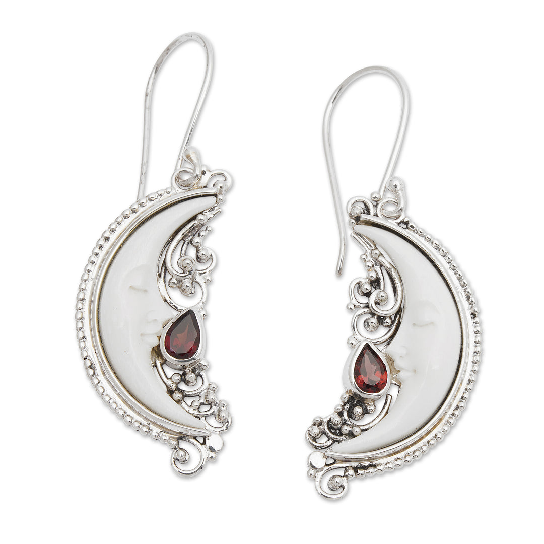 Moon-Themed Natural Garnet Dangle Earrings Crafted in Bali - Moonlight Passion