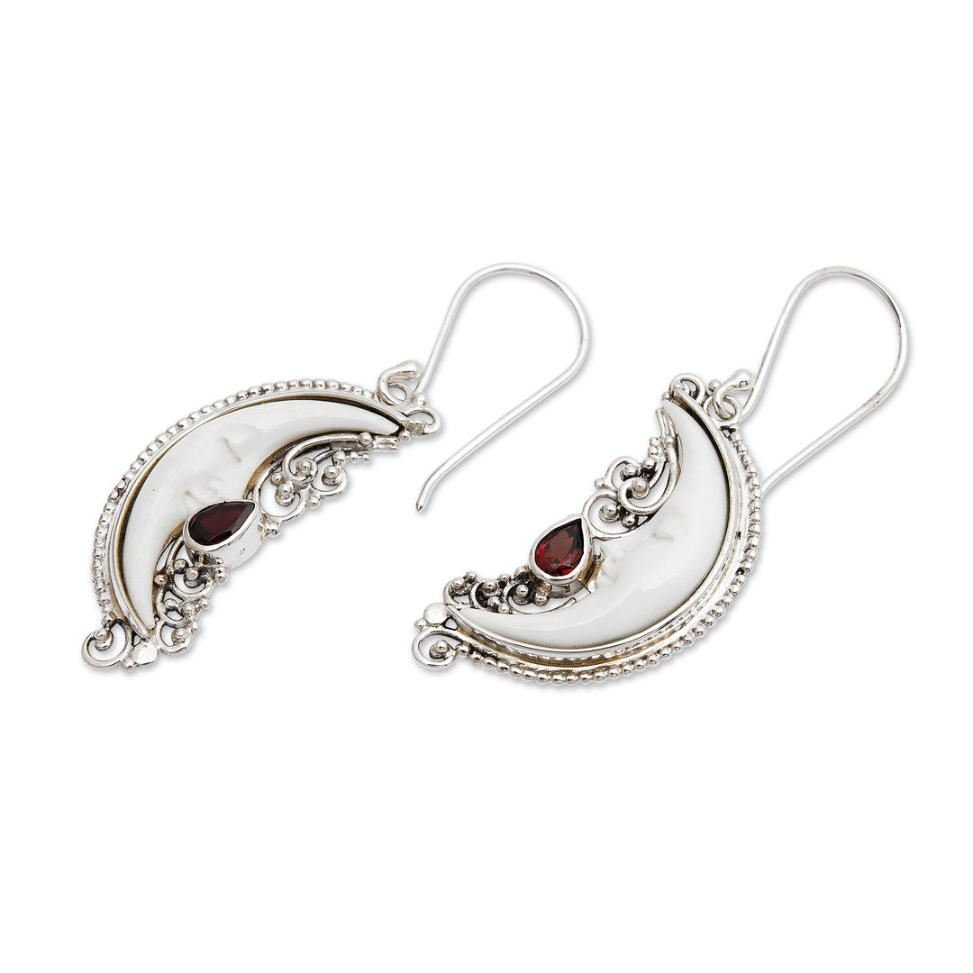 Moon-Themed Natural Garnet Dangle Earrings Crafted in Bali - Moonlight Passion