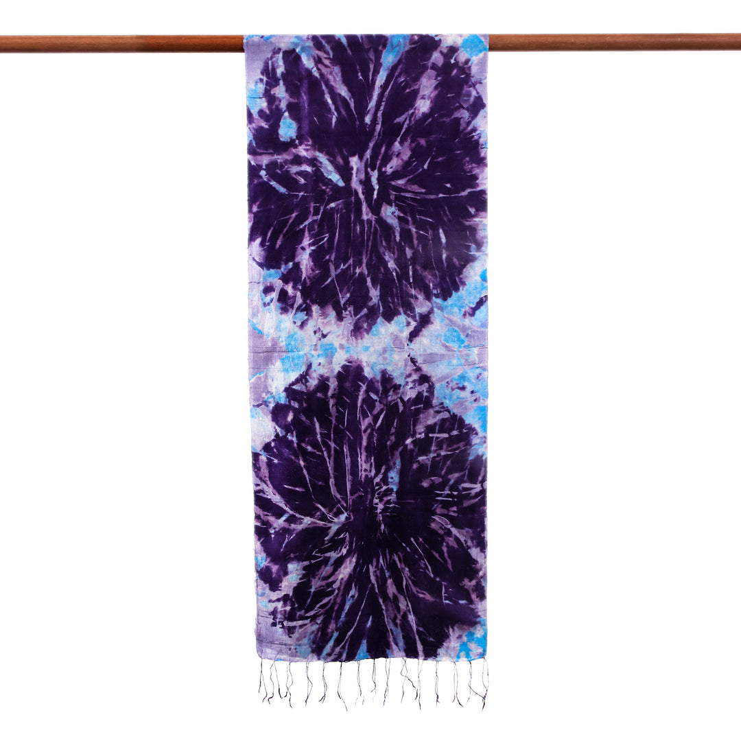 Tie-Dyed Blue-Violet and Turquoise Silk Scarf with Fringes - Blue-Violet Breeze