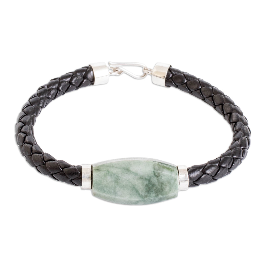 Men's Silver Cord Bracelet with Apple Green Jade Pendant - Bold Essence