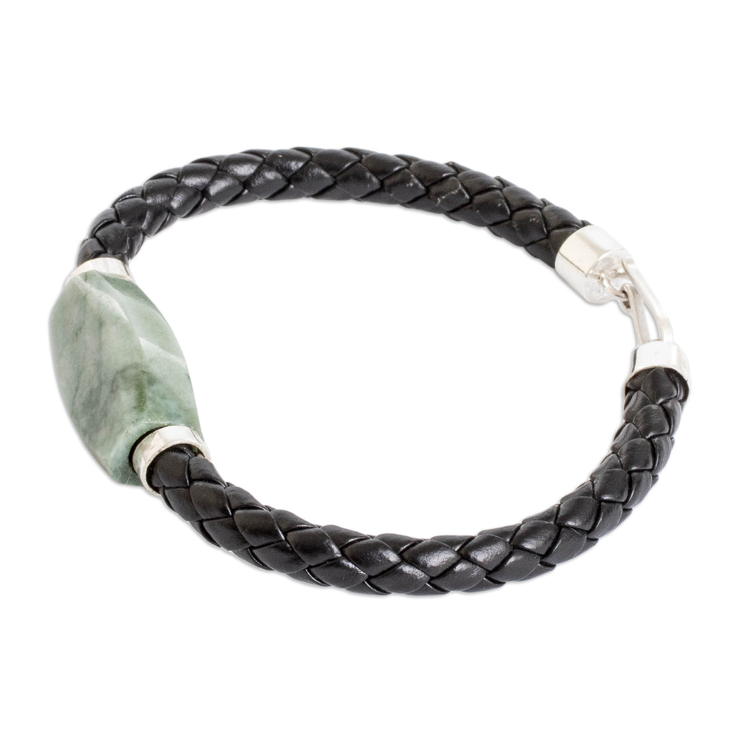 Men's Silver Cord Bracelet with Apple Green Jade Pendant - Bold Essence