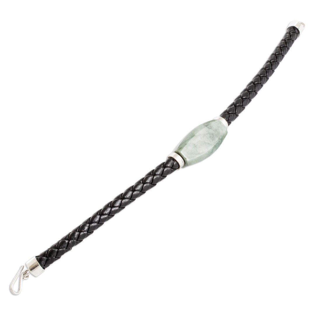 Men's Silver Cord Bracelet with Apple Green Jade Pendant - Bold Essence