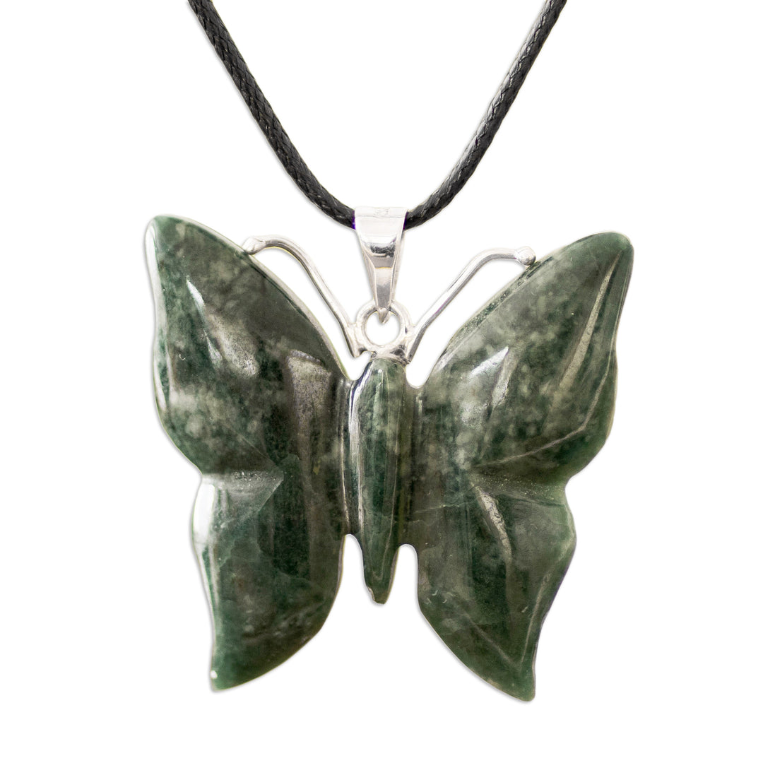 Light Green Jade Butterfly Pendant Necklace with Cotton Cord - Butterfly Bliss