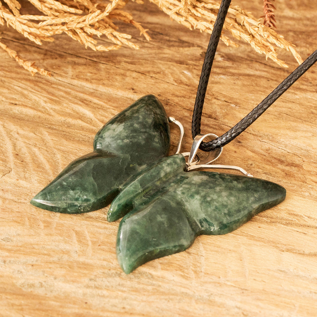 Light Green Jade Butterfly Pendant Necklace with Cotton Cord - Butterfly Bliss