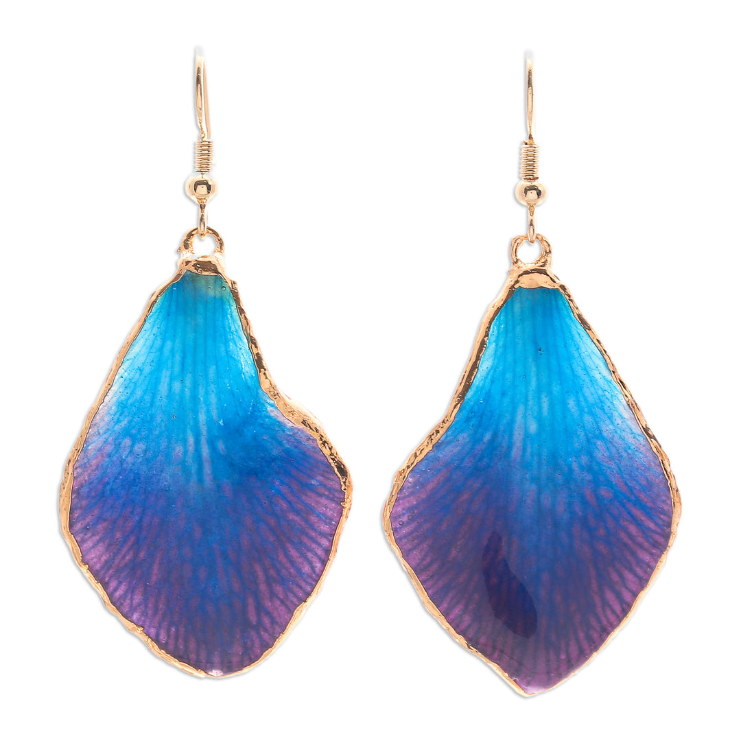 Blue and Purple Orchid 22k Gold-Accented Dangle Earrings - Oneiric Petal