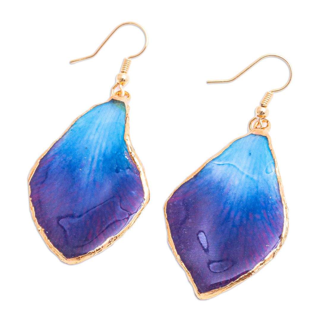 Blue and Purple Orchid 22k Gold-Accented Dangle Earrings - Oneiric Petal