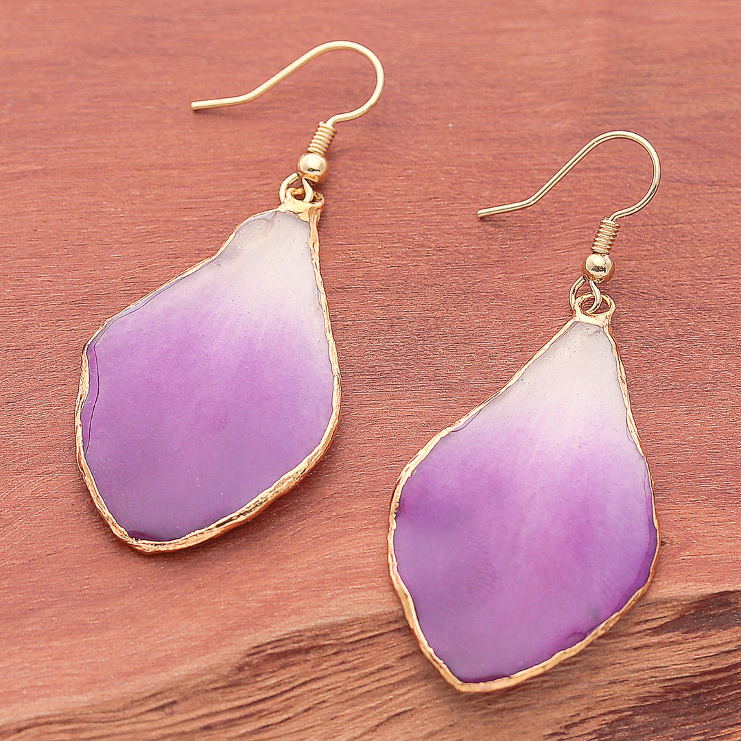 White and Purple Orchid 22k Gold-Accented Dangle Earrings - Magical Petal