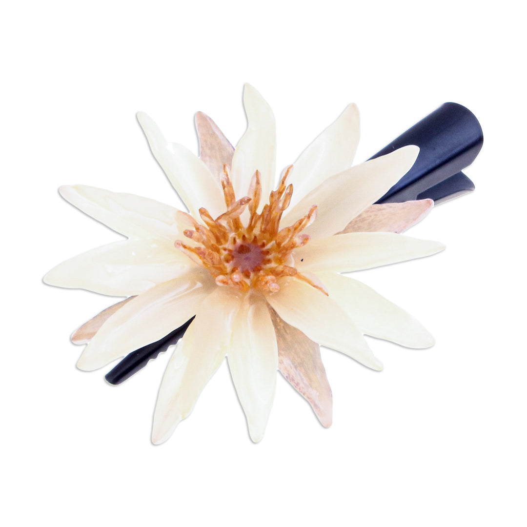 Hair Clip with Resin-Coated Natural Water Lily in Ivory - Chic Ivory Water Lily