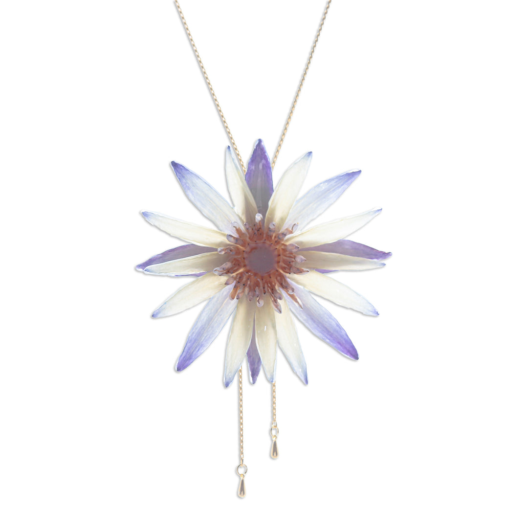 Natural Water Lily Lariat Necklace with Gold-Plated Chain - Chic Water Lily