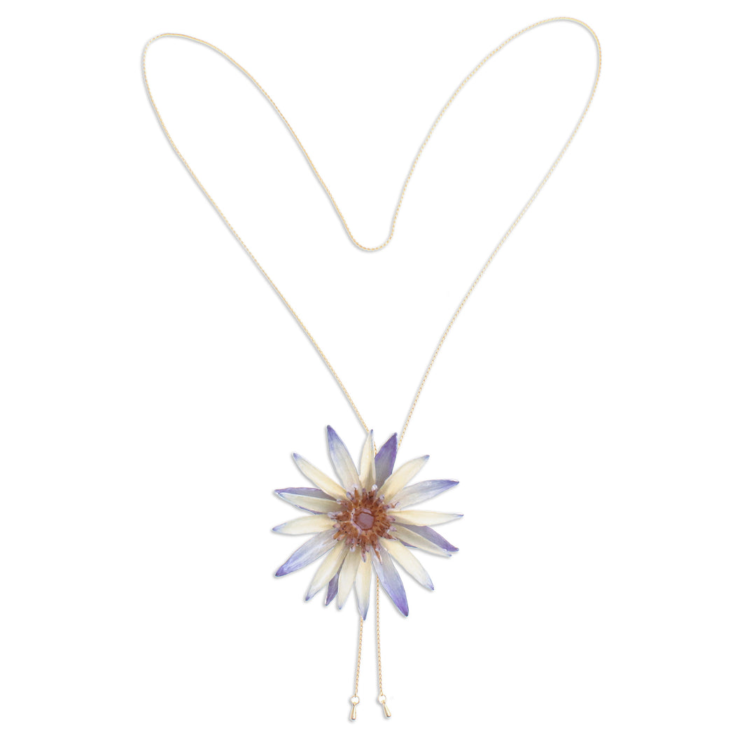 Natural Water Lily Lariat Necklace with Gold-Plated Chain - Chic Water Lily